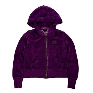 True Religion Velour Cropped Hoodie Womens Size XS Full Zip Jacket Purple